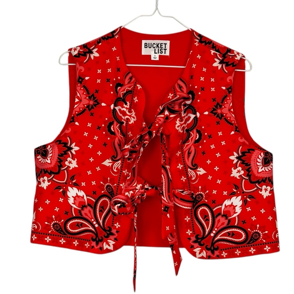 Bucket List Red Bandana Print Tie Front Vest Western Boho Size Small